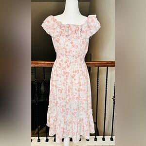 Sweet Storm Cream Midi Dress with Coral Floral Print